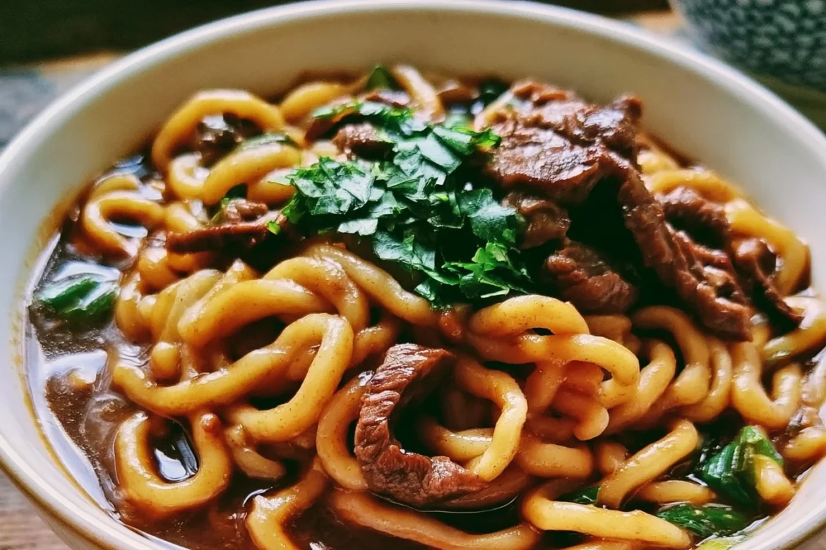Delicious Beef Black Pepper Udon served in a bowl with vegetables