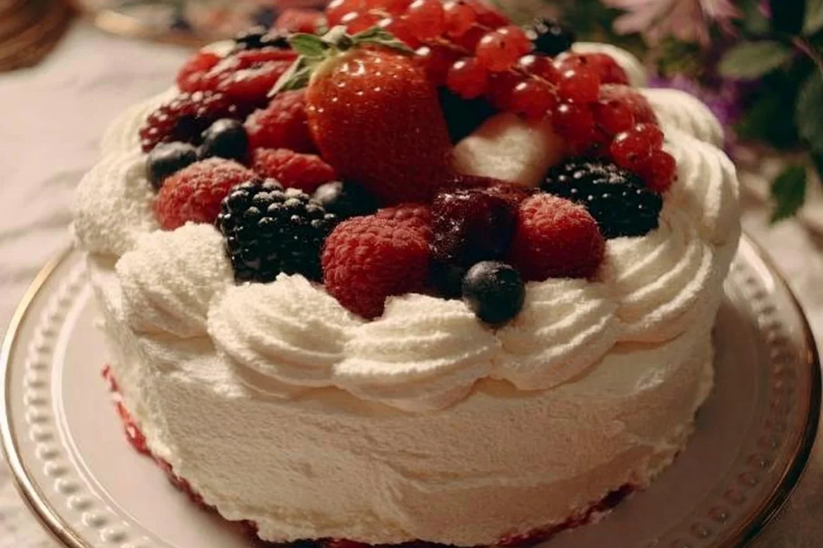 Delicious Berry Chantilly Cake topped with fresh berries and whipped cream frosting.