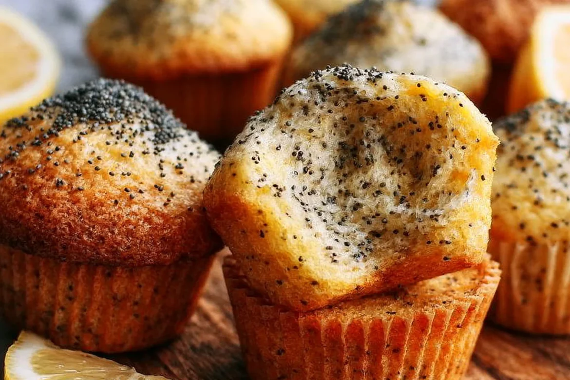 Delicious lemon poppy seed muffins fresh out of the oven.