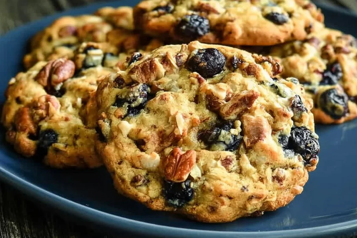 Blueberry Coconut Pecan Cookies on a plate with fresh blueberries and coconut flakes