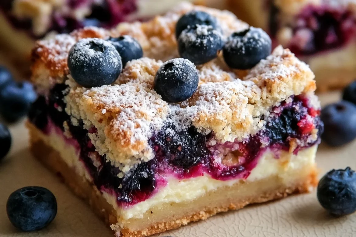 Delicious blueberry cream cheese bars served on a rustic plate