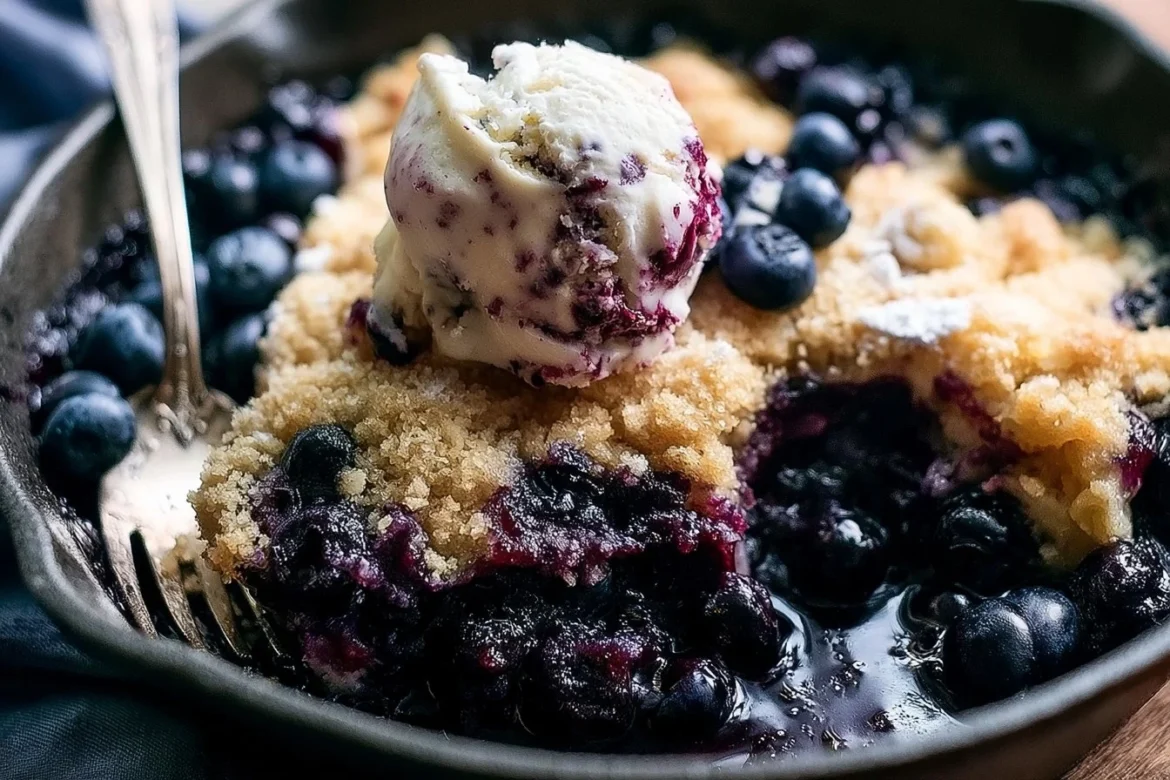 Blueberry Cream Cheese Cobbler served in a baking dish with fresh blueberries