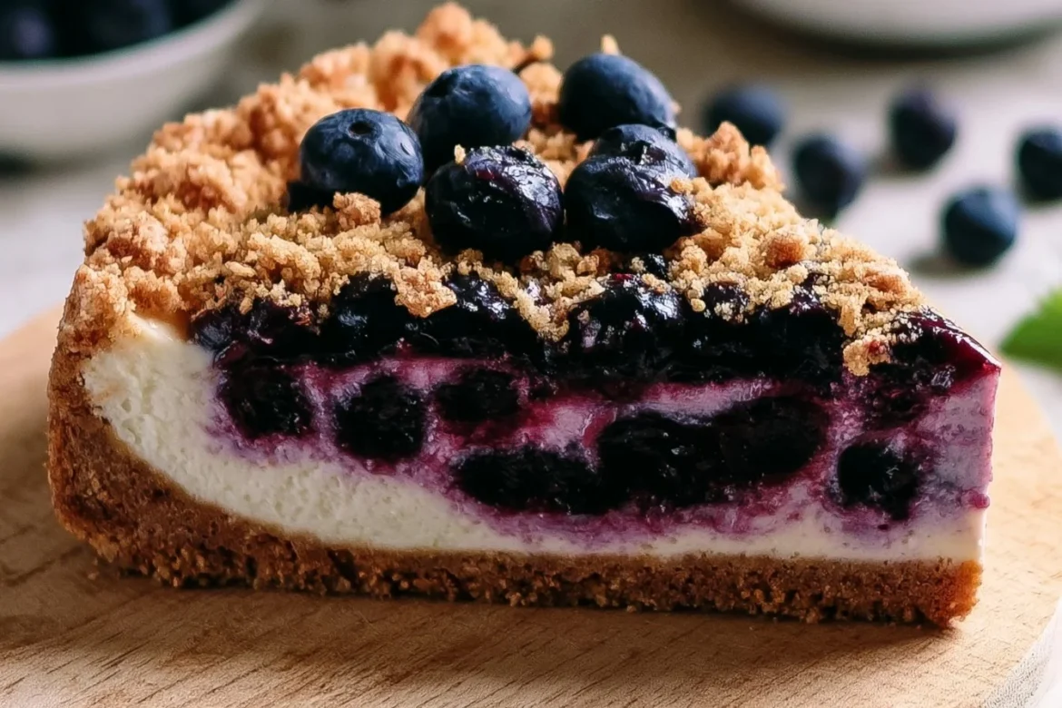 Slice of blueberry crumble cheesecake with a crunchy topping and fresh blueberries