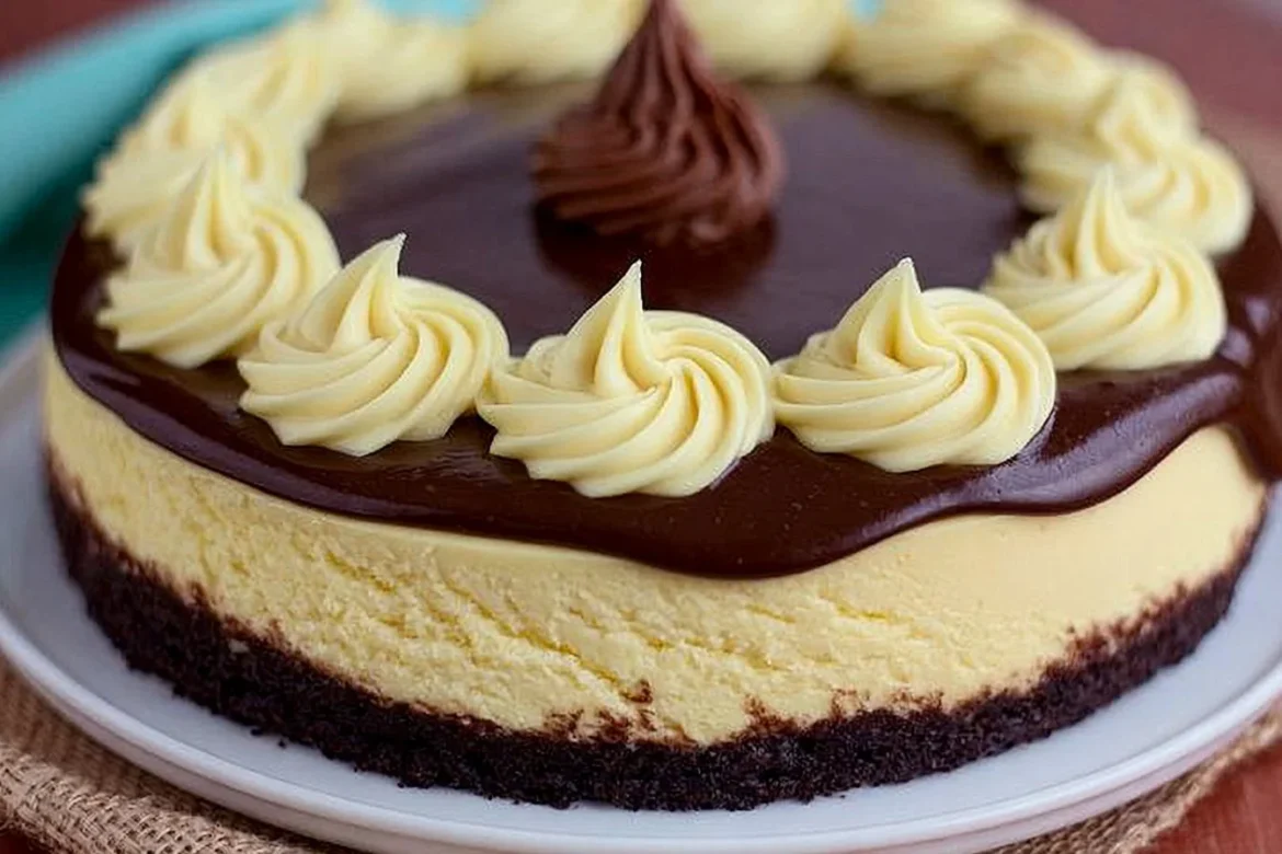 Slice of Boston Cream Pie Cheesecake topped with chocolate ganache and whipped cream