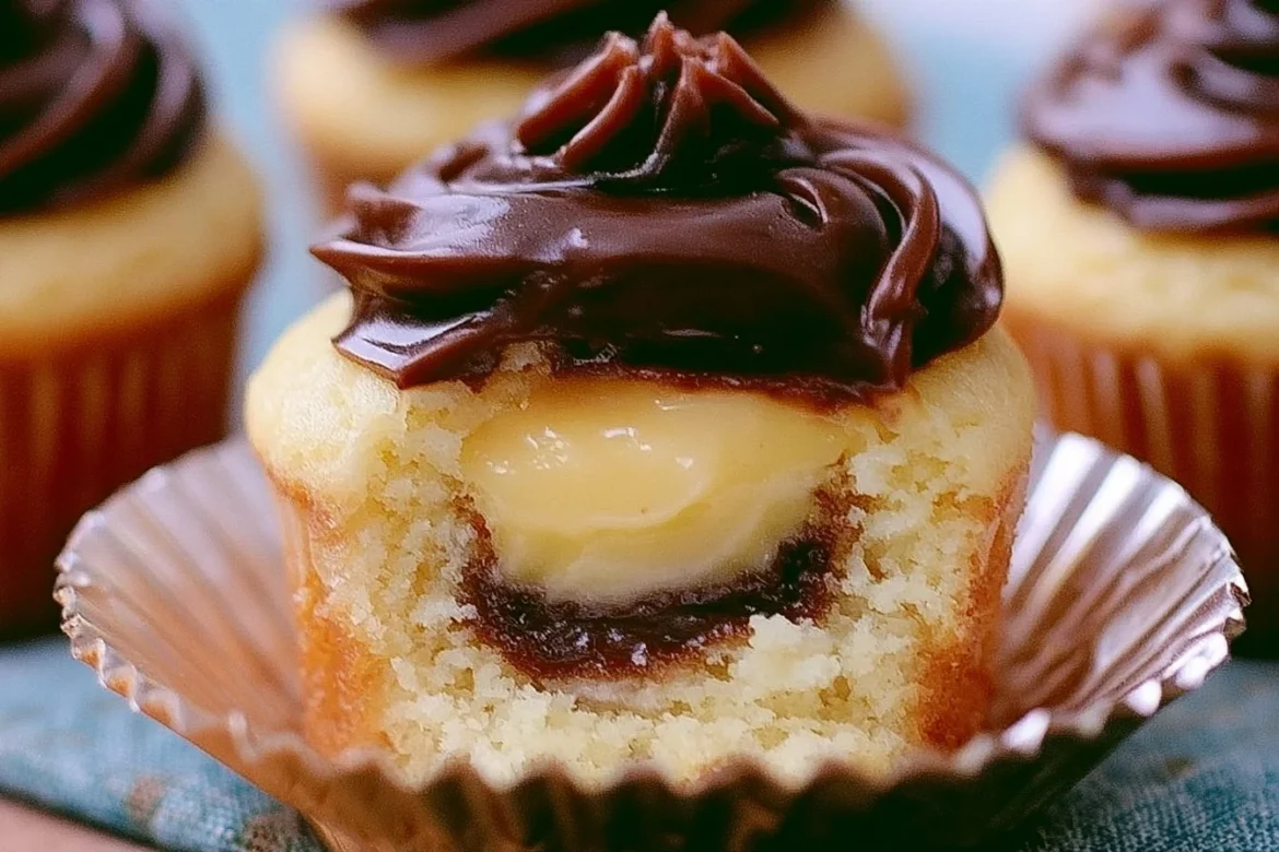 Boston Cream Pie Cupcakes topped with chocolate glaze and creamy filling