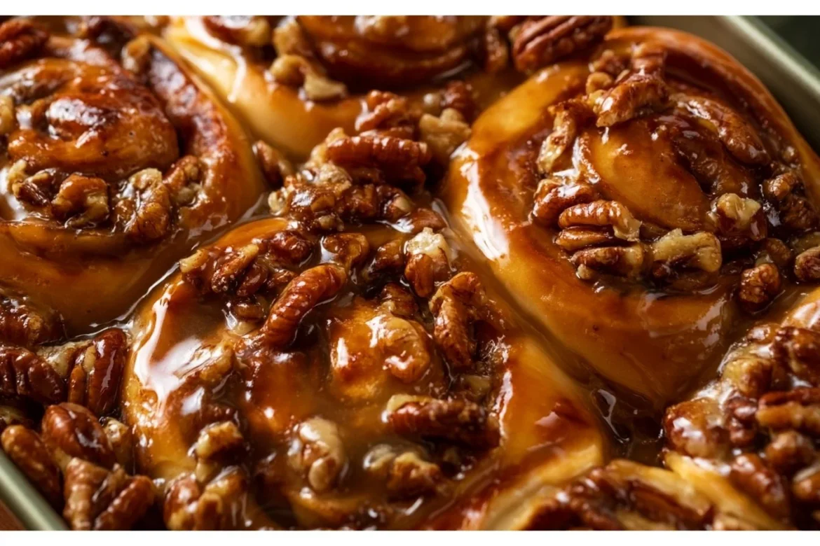 Delicious homemade Butter Pecan Cinnamon Buns fresh out of the oven