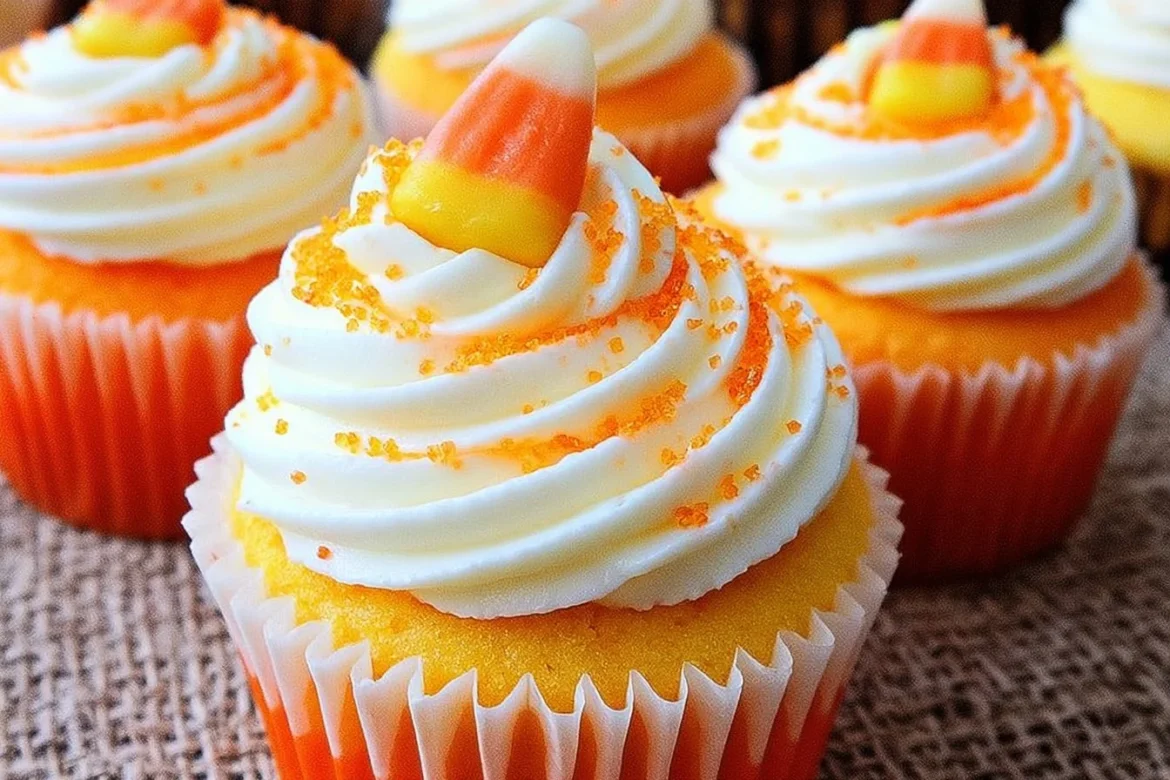 Delicious candy corn cupcakes decorated for Halloween and fall festivities.