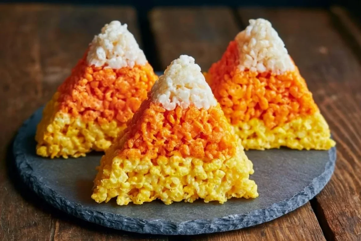 Colorful Candy Corn Rice Krispie Treats in a festive presentation