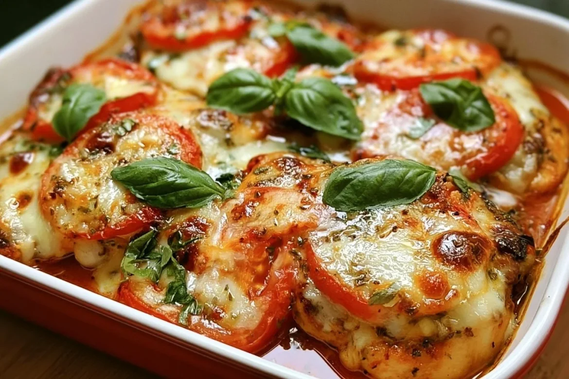 Baked Caprese Chicken Casserole with tomatoes and mozzarella cheese