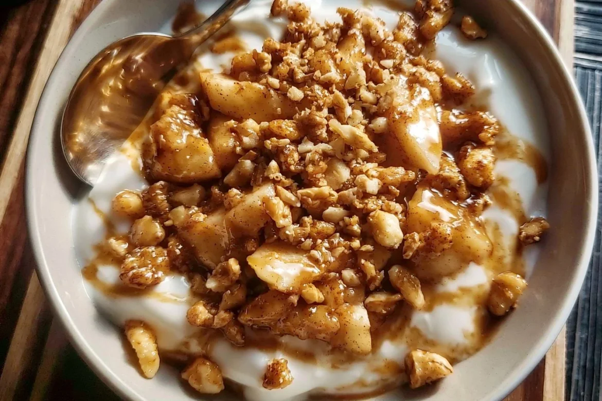 Delicious Caramel Apple Pie Yogurt Bowl topped with caramel sauce and apple slices
