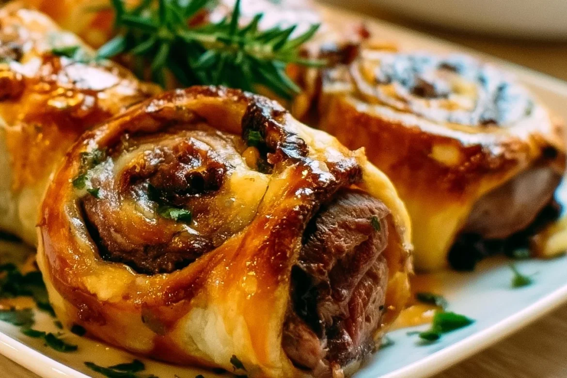 Delicious caramelized onion roast beef rolls served on a platter.