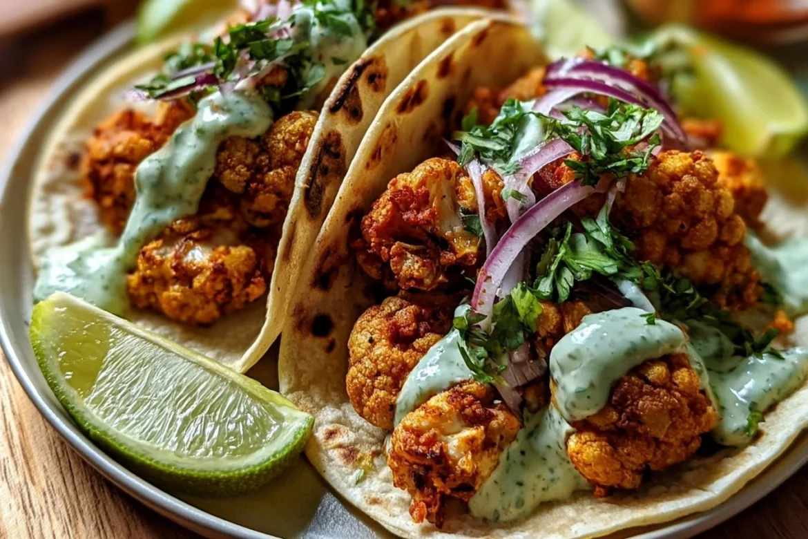 Cauliflower tacos drizzled with cilantro lime crema on a plate