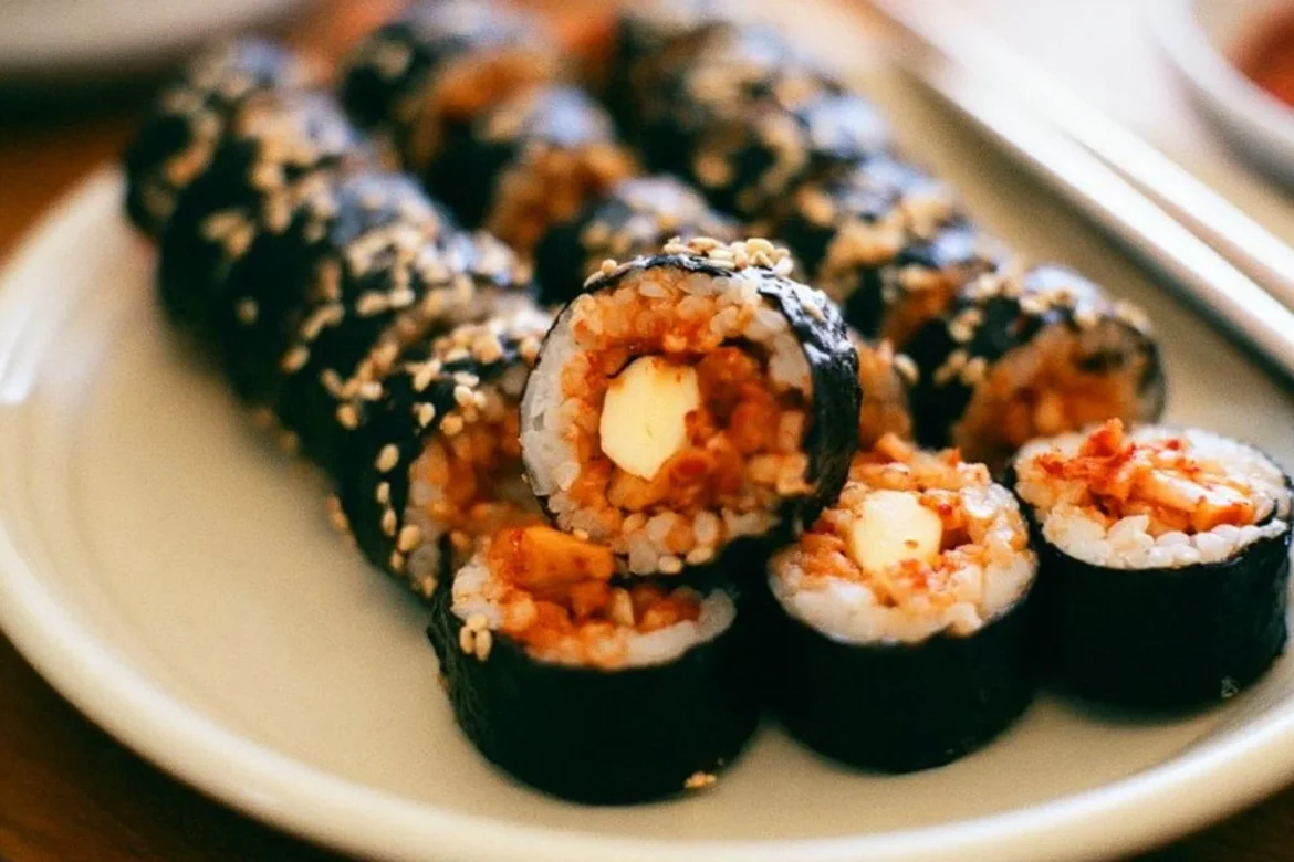Delicious Cheese Kimchi Kimbap rolled with cheese and spicy kimchi.