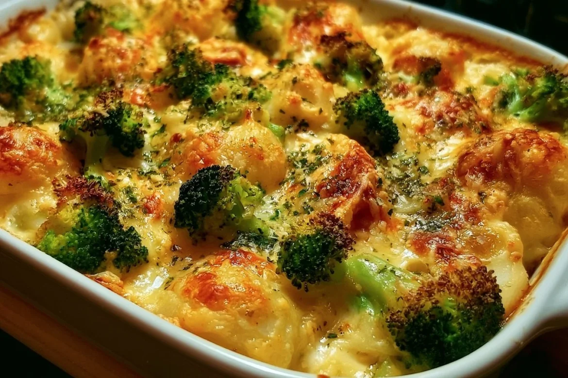 Cheesy garlic potato and broccoli bake with melted cheese on top