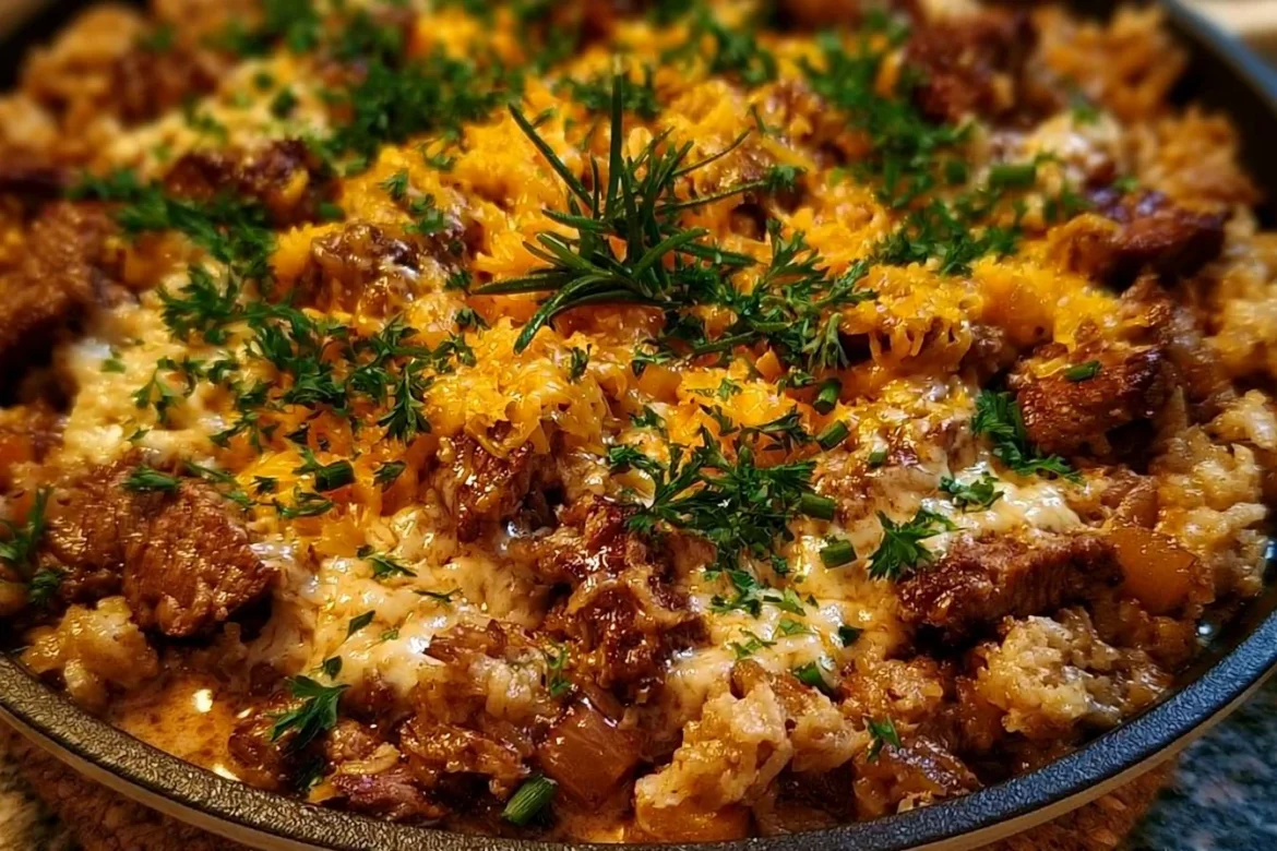 Cheesy steak and rice skillet dish topped with melted cheese in a frying pan.