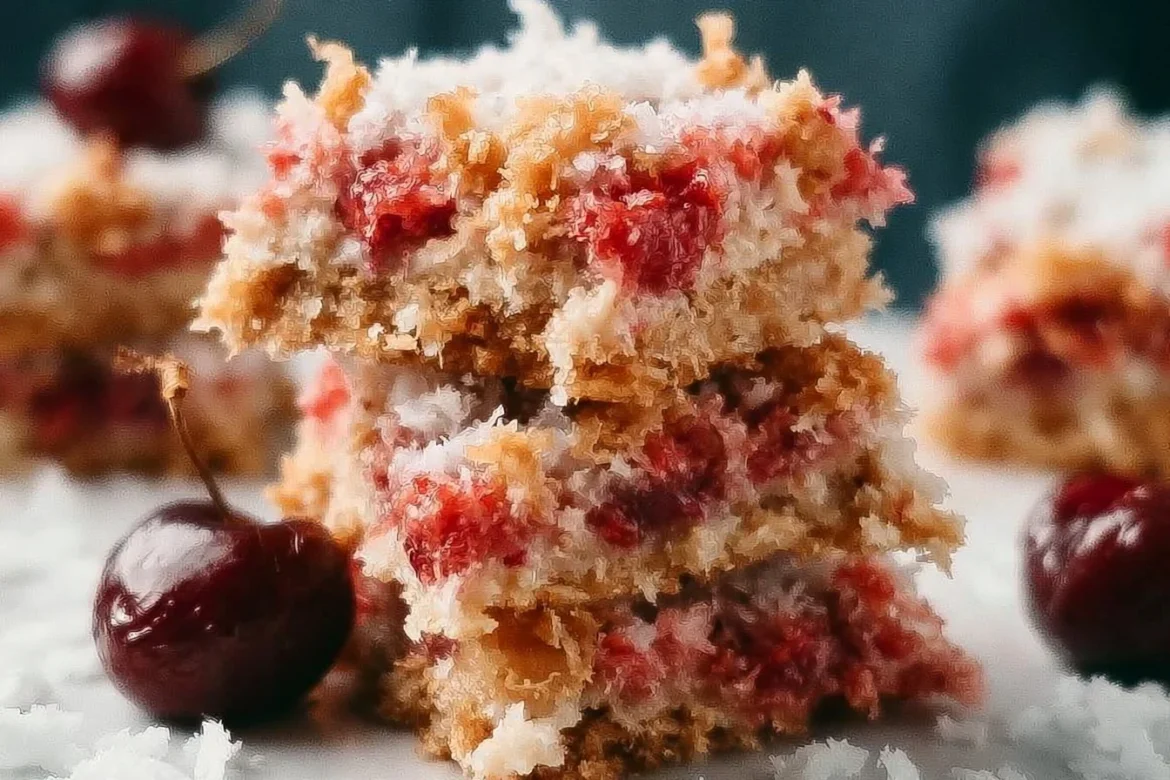 Delicious cherry coconut magic bars displayed on a plate