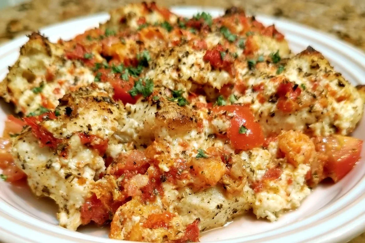 Delicious Chicken Bruschetta Casserole topped with fresh tomatoes and basil.