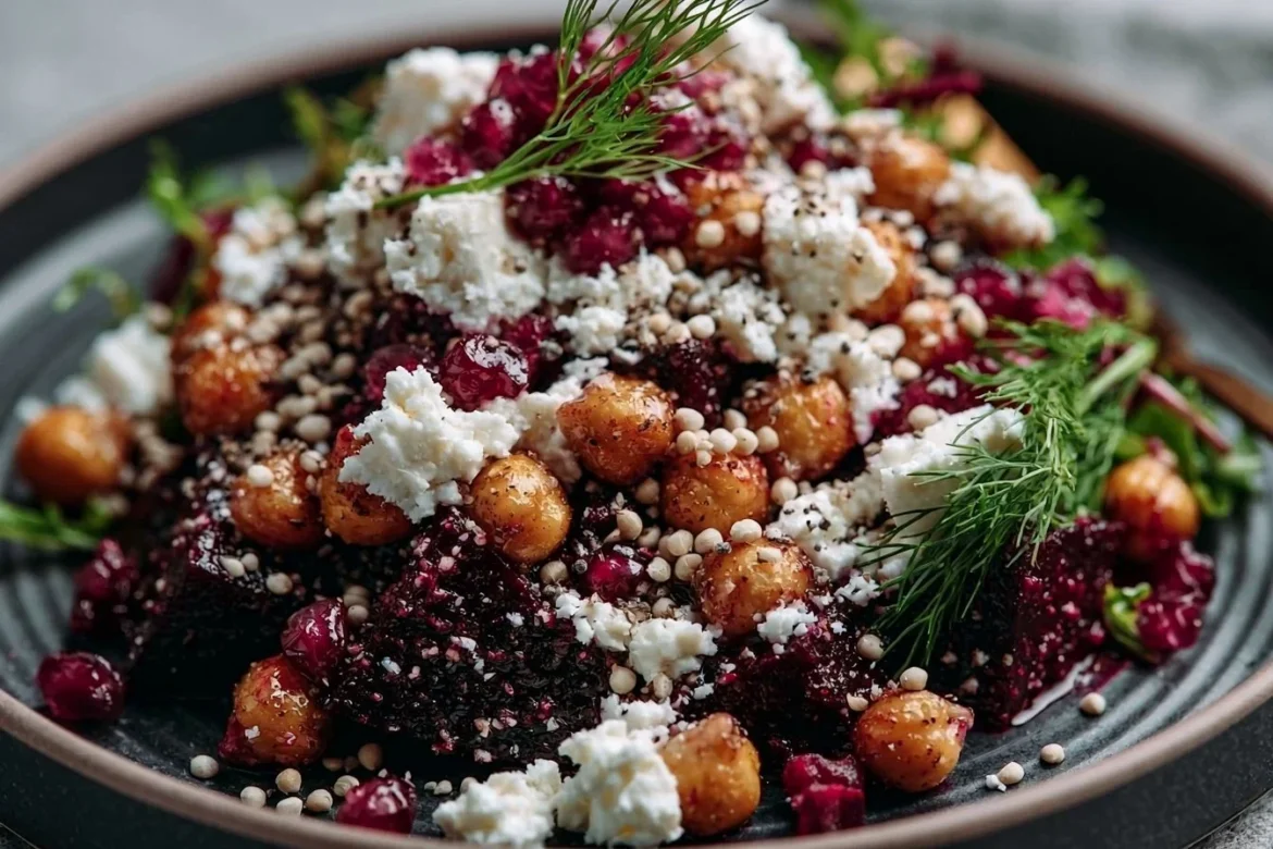 Chickpea Beet Feta Salad with fresh vegetables and dressing
