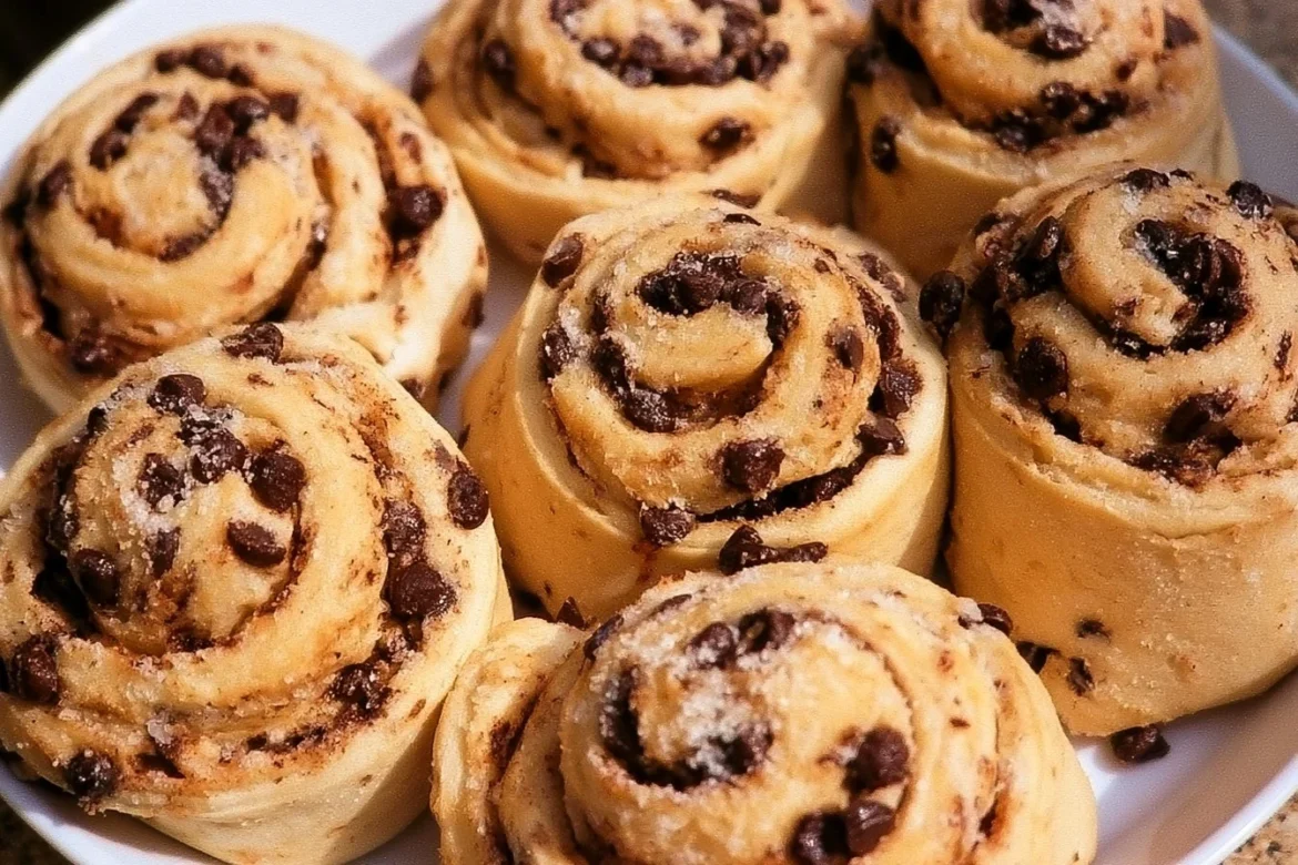 Chocolate chip cookie rolls on a baking tray ready for serving