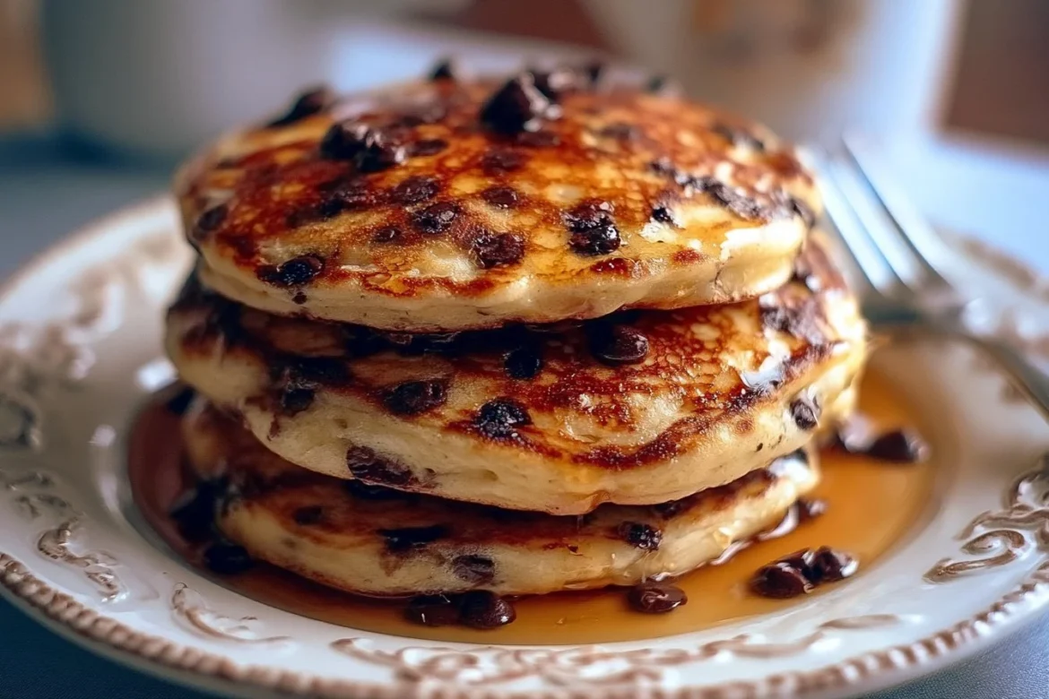 Delicious chocolate chip pancakes stacked with melted chocolate chips on top
