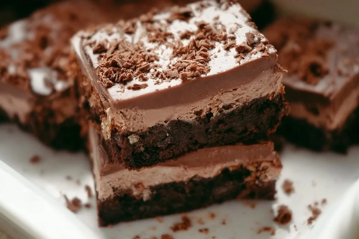 Delicious Chocolate Mud Bars topped with chocolate drizzle and nuts.
