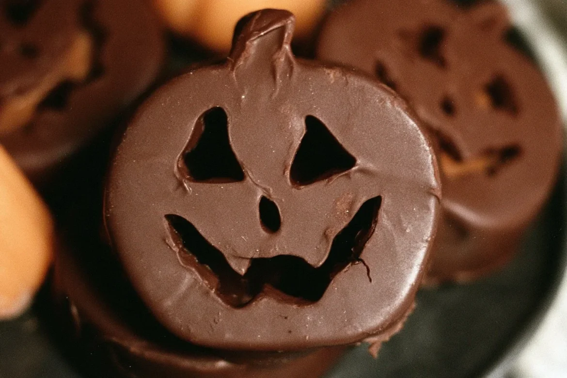 Chocolate peanut butter pumpkins decorated for Halloween