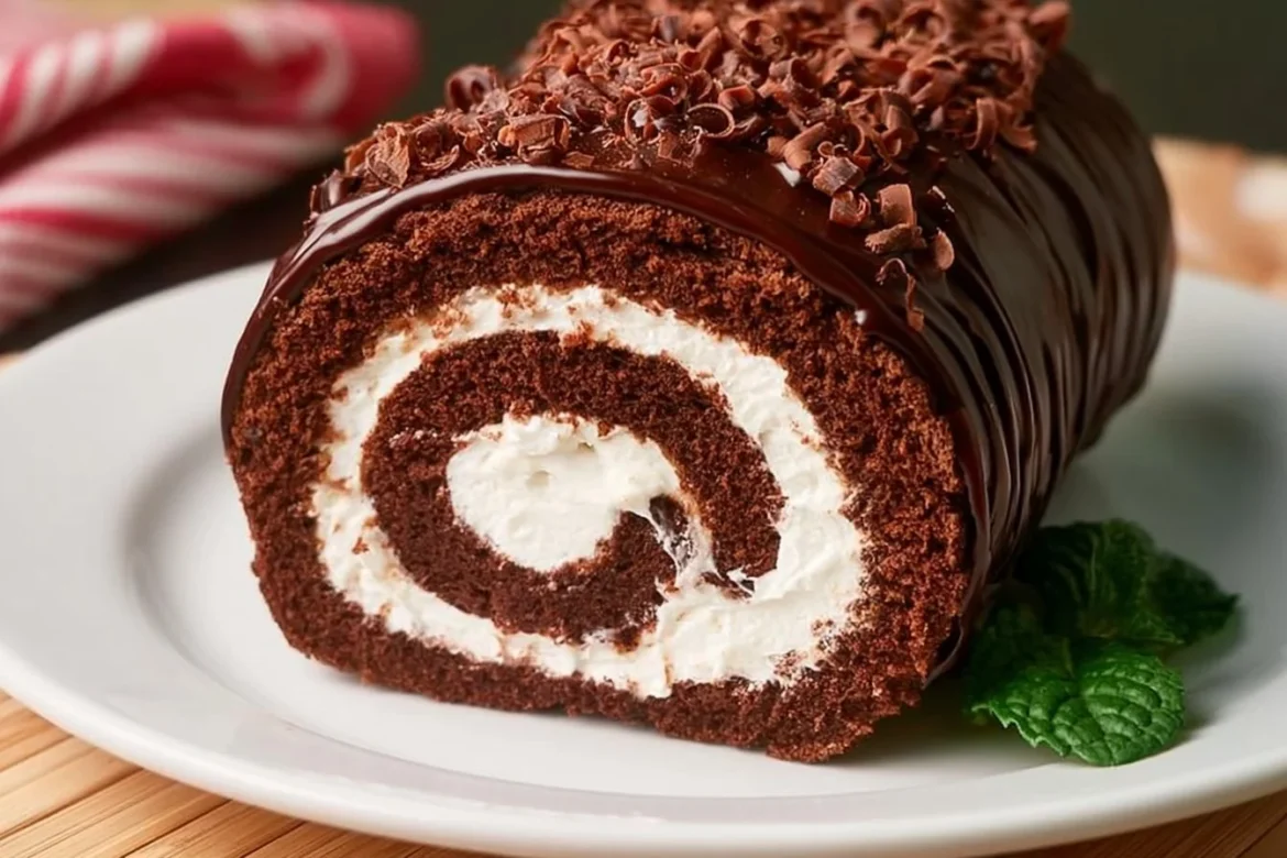 Delicious Chocolate Swiss Roll Cake displayed on a plate with chocolate drizzle.