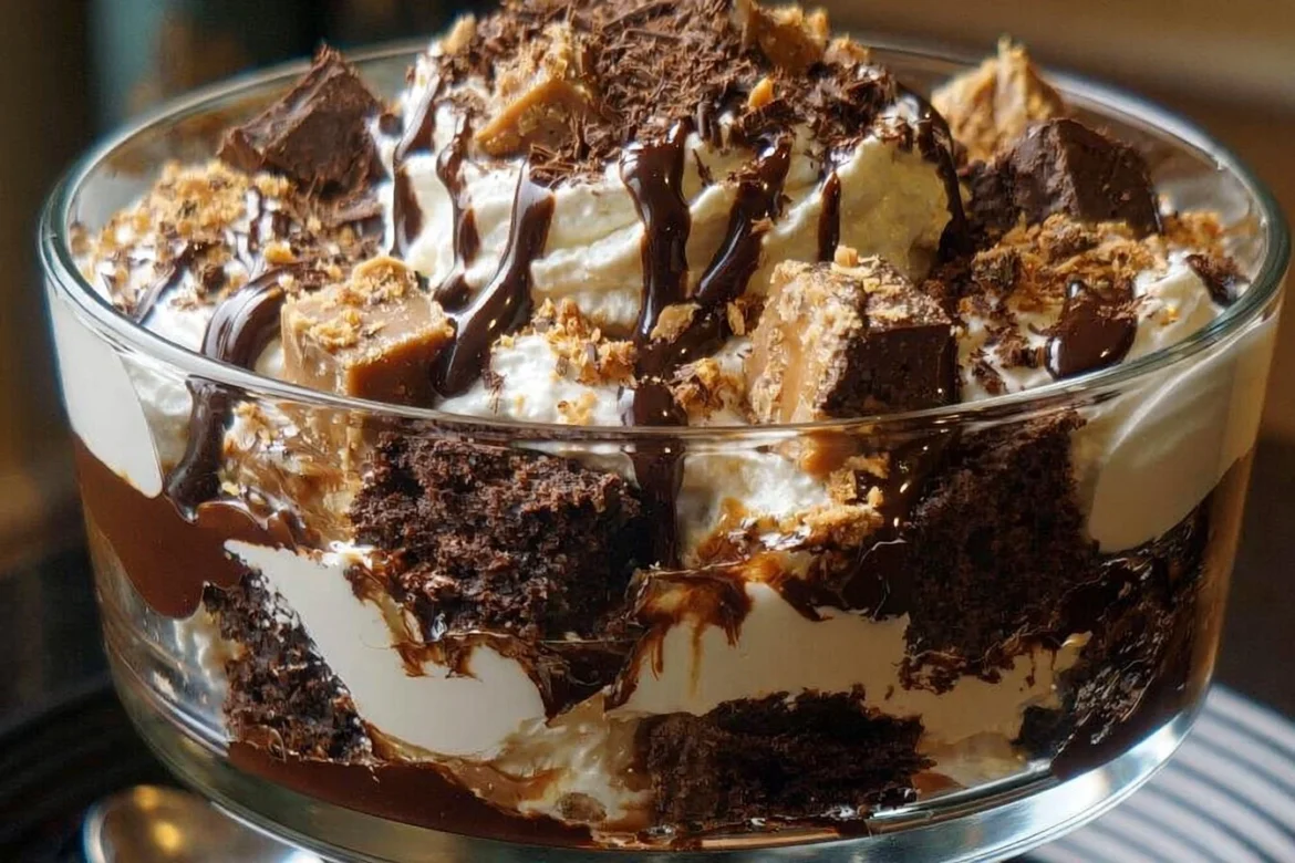 Delicious chocolate toffee trifle layered with creamy chocolate and crunchy toffee