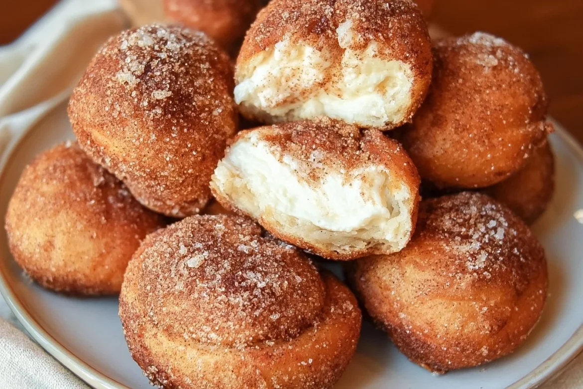 Plate of Cinnamon Cream Cheese Bites with a dusting of cinnamon
