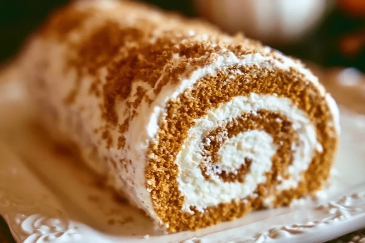 A delicious classic pumpkin roll dessert with cream filling.