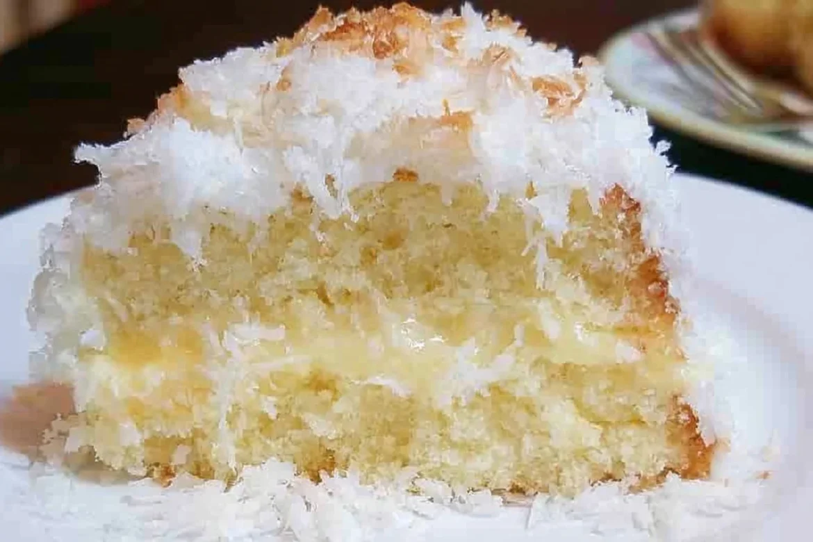 Delicious slice of Coconut Custard Cake with coconut flakes on top