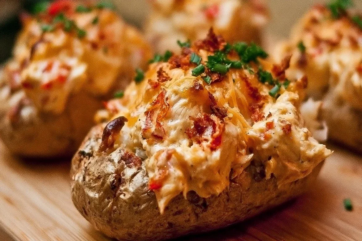 Delicious Crack Chicken Stuffed Baked Potatoes topped with creamy sauce and chives