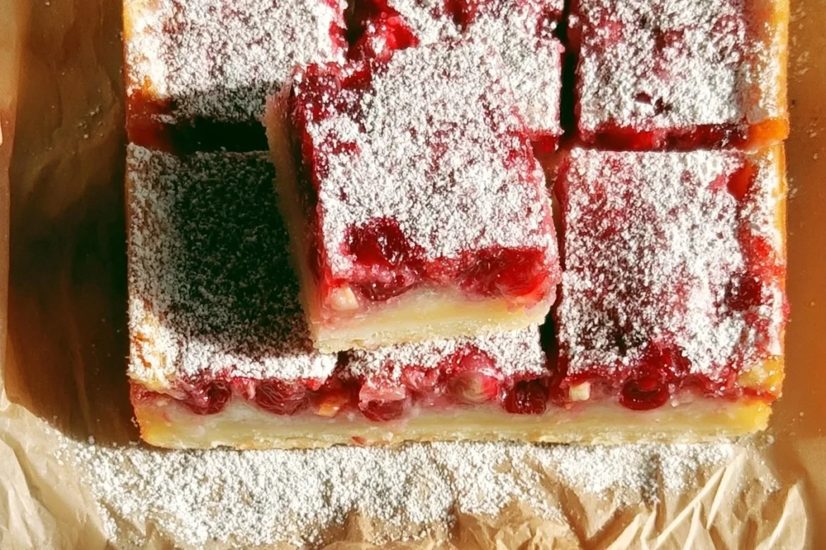 Cranberry lemon bars with a dusting of powdered sugar on a white plate