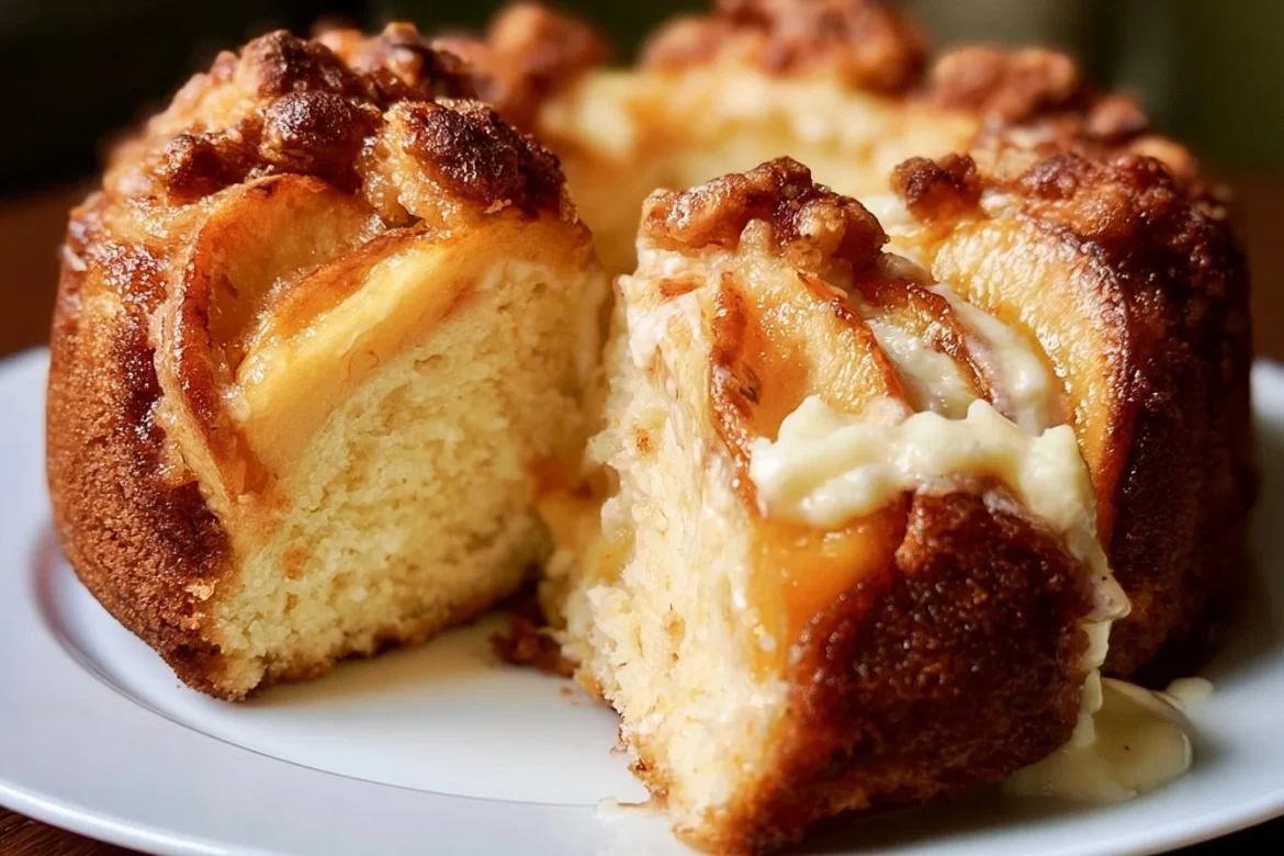 Cream Cheese Peach Cobbler Pound Cake topped with fresh peaches and cream.