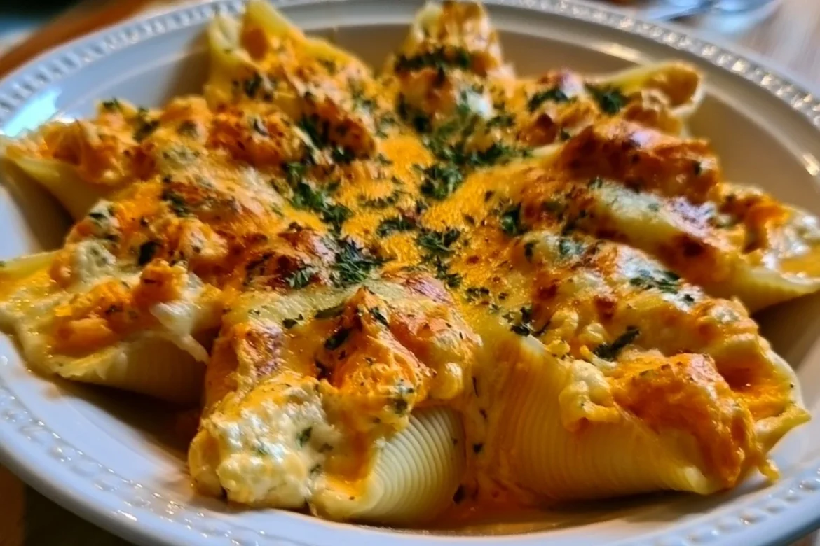 Creamy buffalo chicken stuffed shells plated with garnish