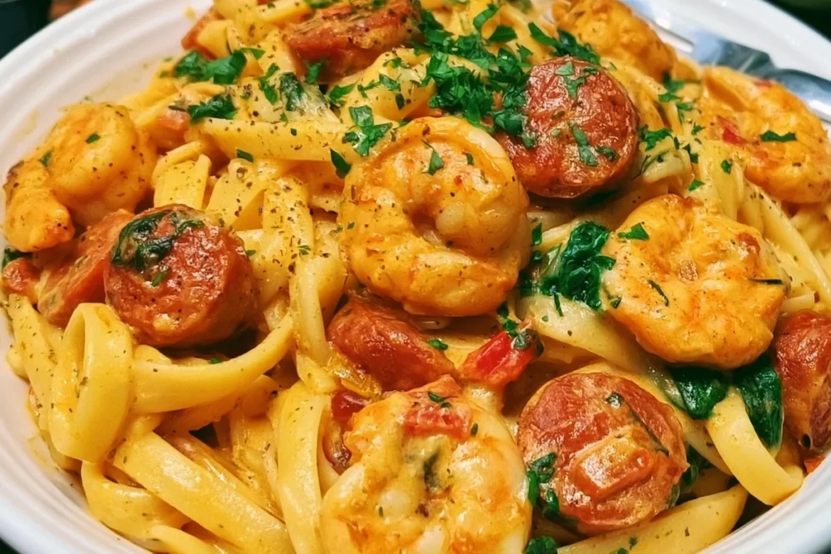 Creamy chorizo and prawn pasta garnished with herbs.
