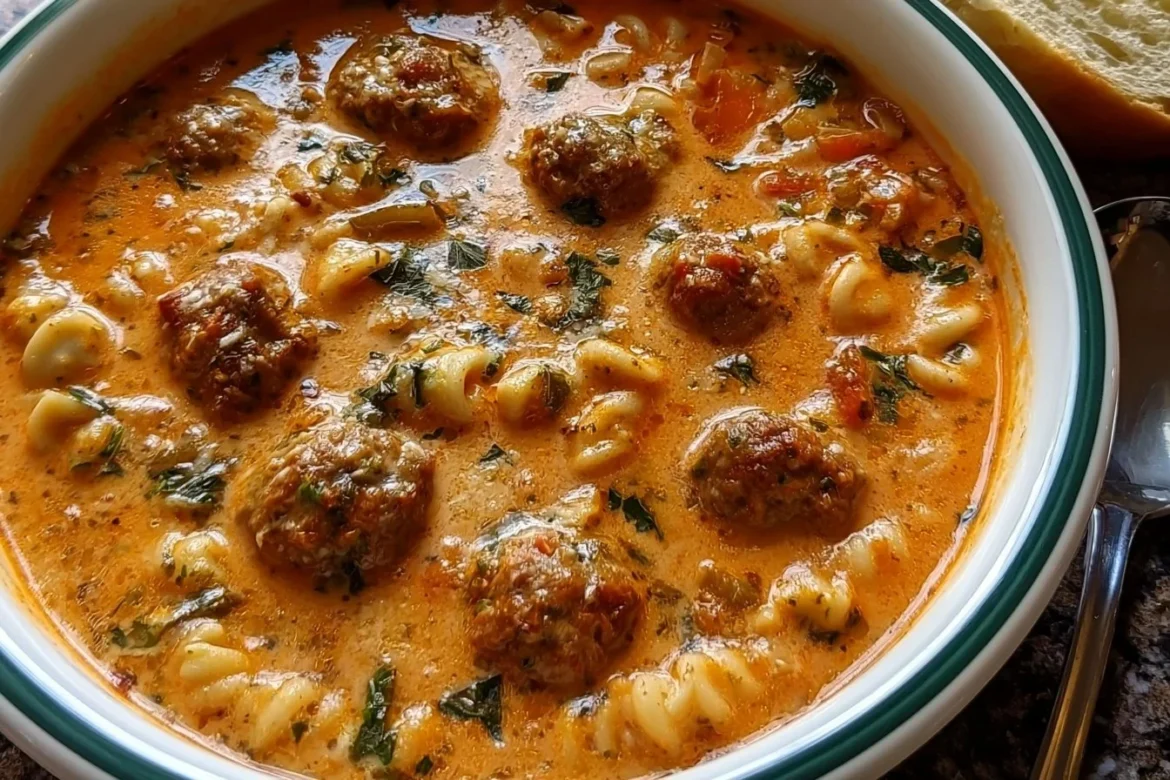 Bowl of creamy Italian meatball soup garnished with herbs and vegetables