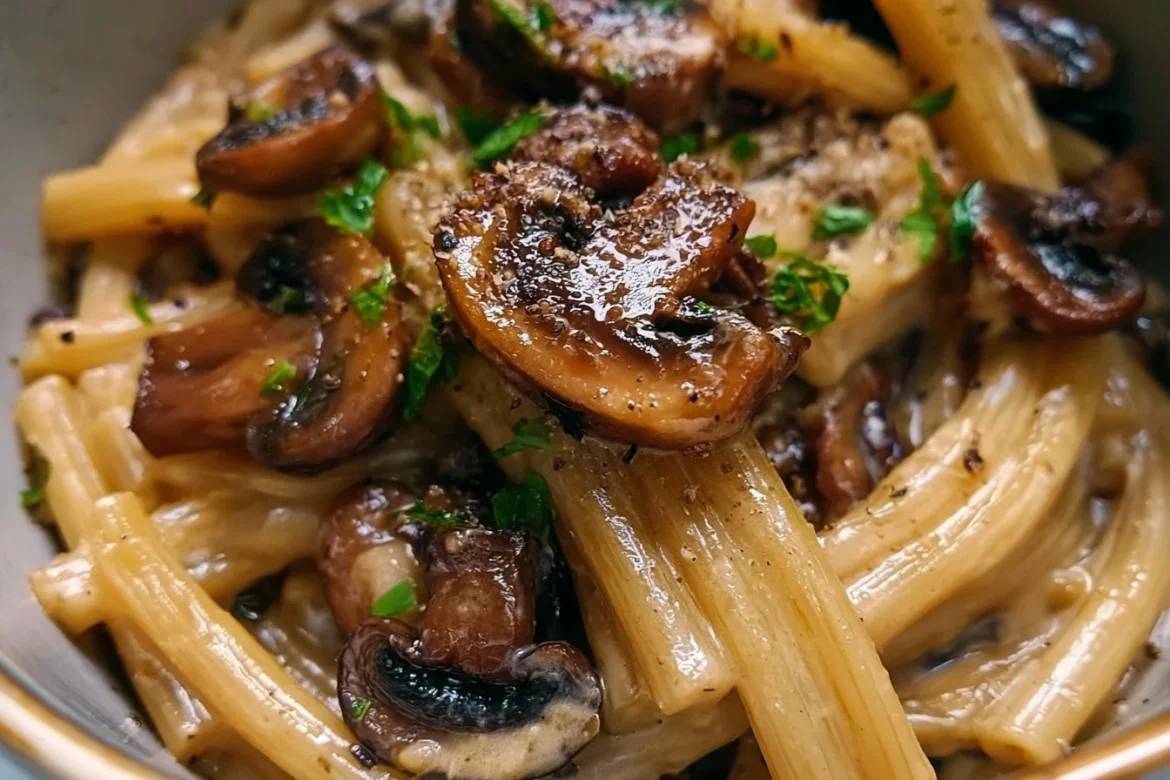 Creamy miso mushroom pasta served in a bowl with fresh herbs.