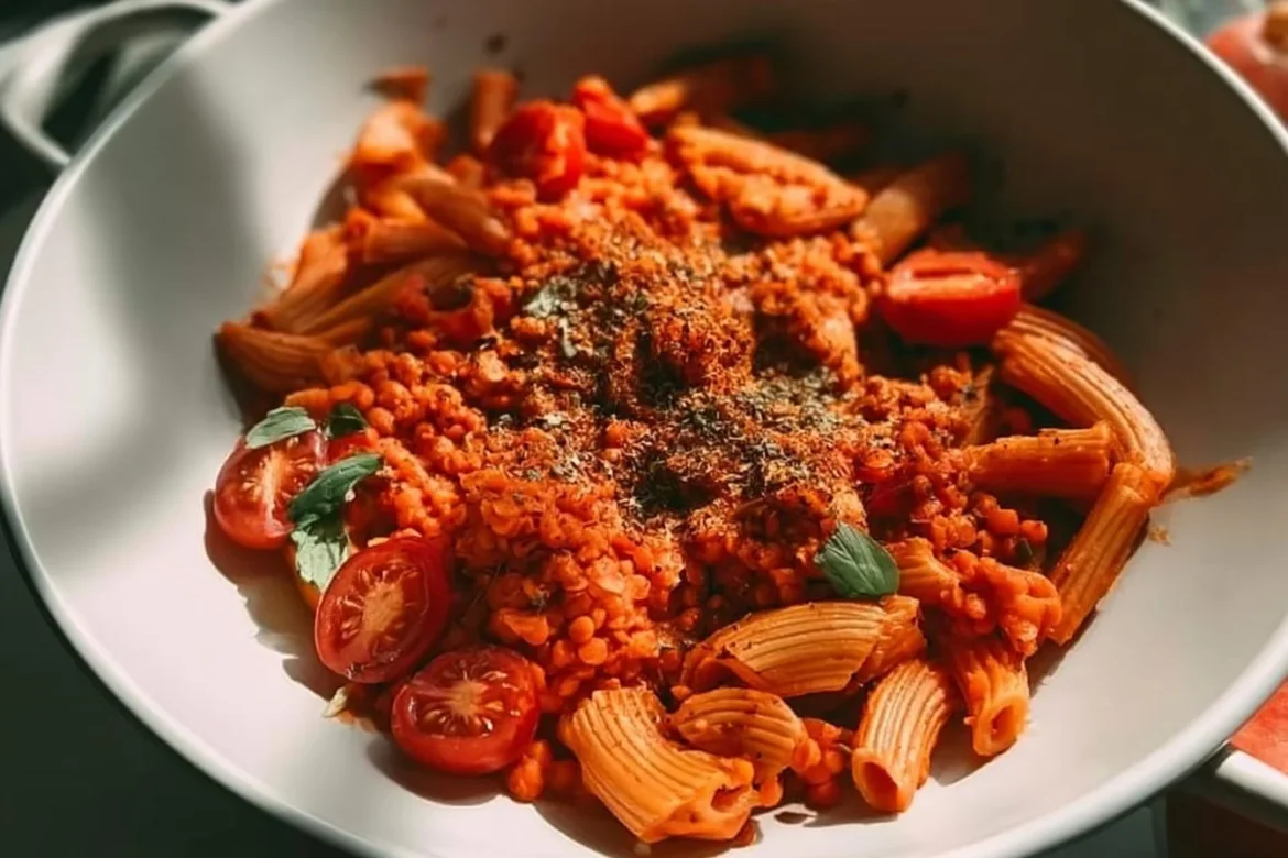 Bowl of creamy red lentil pasta sauce served over pasta