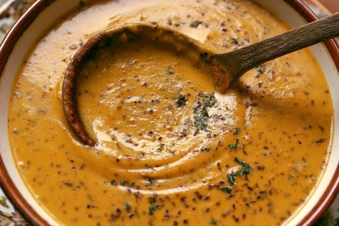 Bowl of creamy roasted apple pumpkin soup with herbs on top