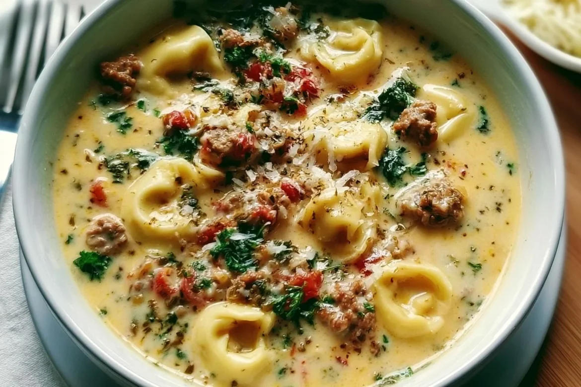 Bowl of creamy sausage tortellini soup with fresh herbs and ingredients