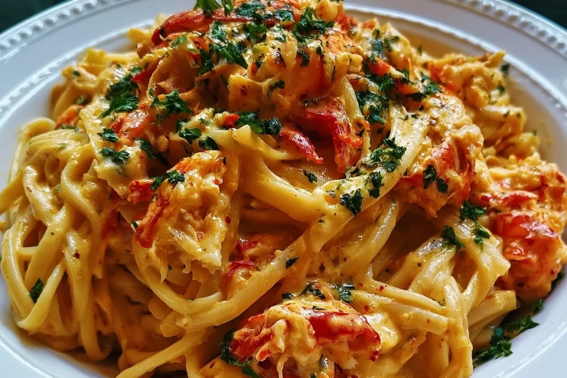 Plate of creamy spicy lobster pasta garnished with herbs and chili flakes