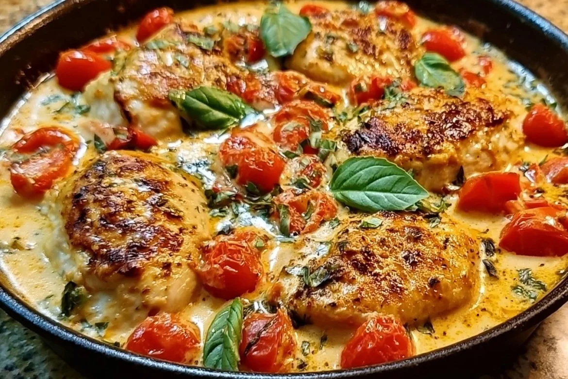 Creamy Tomato Basil Chicken Skillet served in a bowl with fresh basil on top