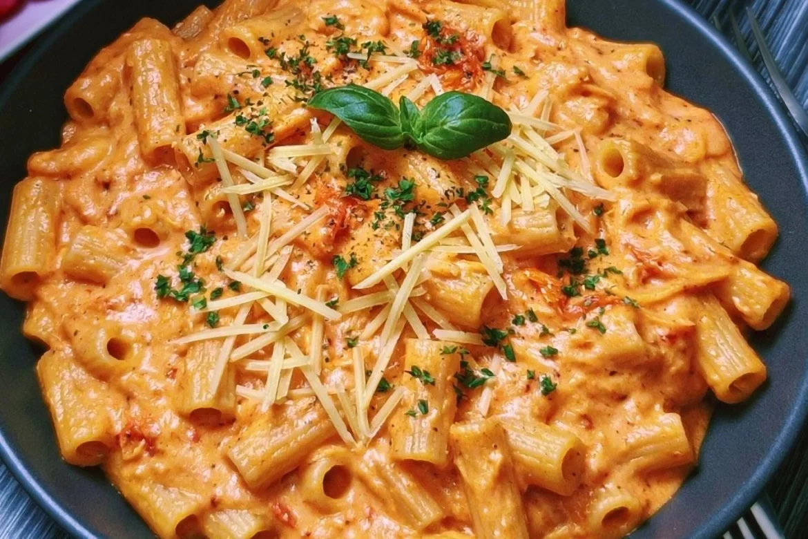 Creamy tomato pasta sauce in a bowl, garnished with fresh basil