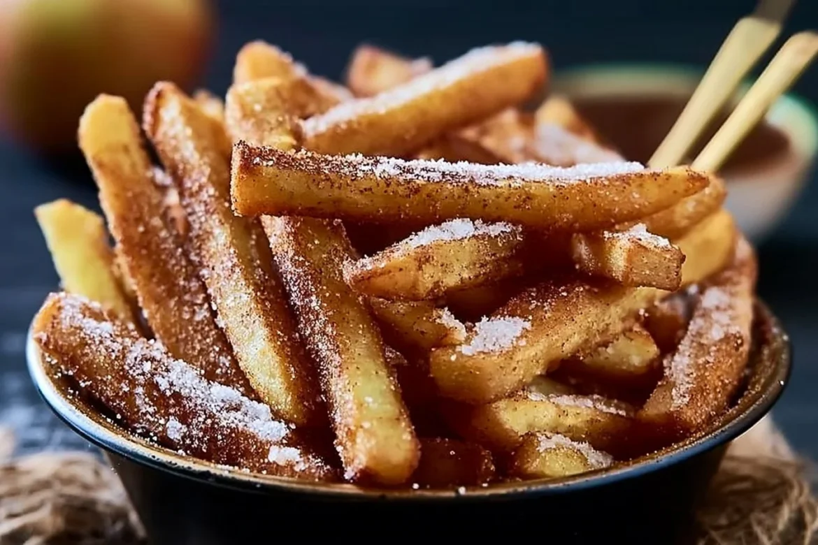 Plate of crispy air fryer apple fries with a dipping sauce