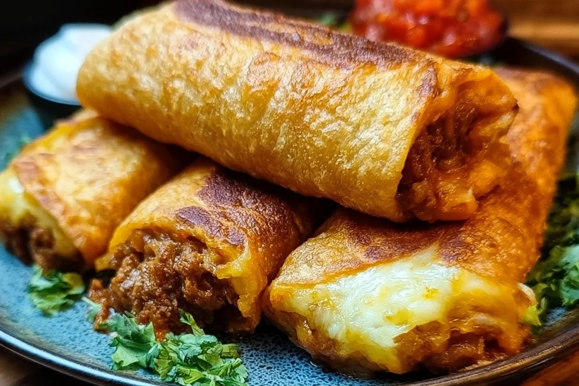 Delicious crispy beef chimichangas filled with melted cheese and spicy beef
