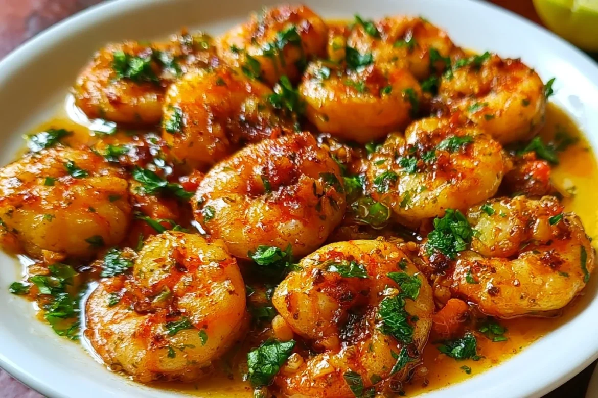 A plate of crispy garlic butter sautéed shrimp garnished with herbs