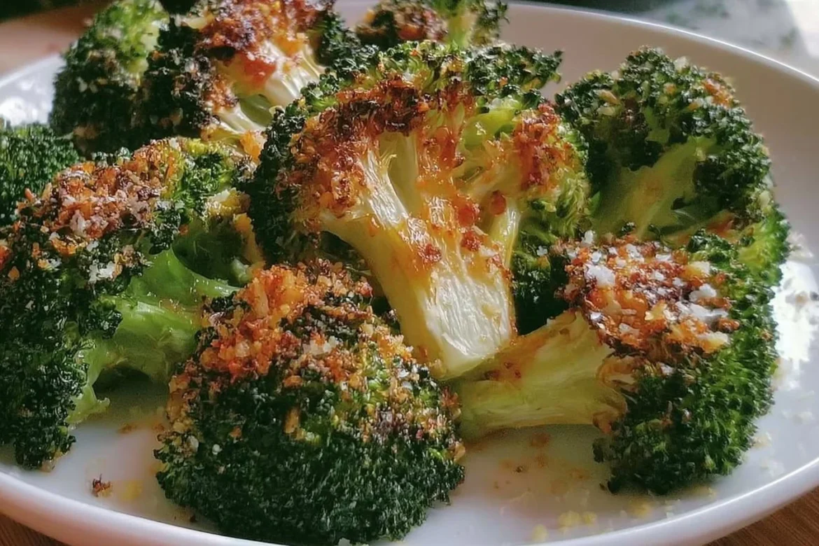 Crispy garlic Parmesan roasted broccoli with a golden brown finish.