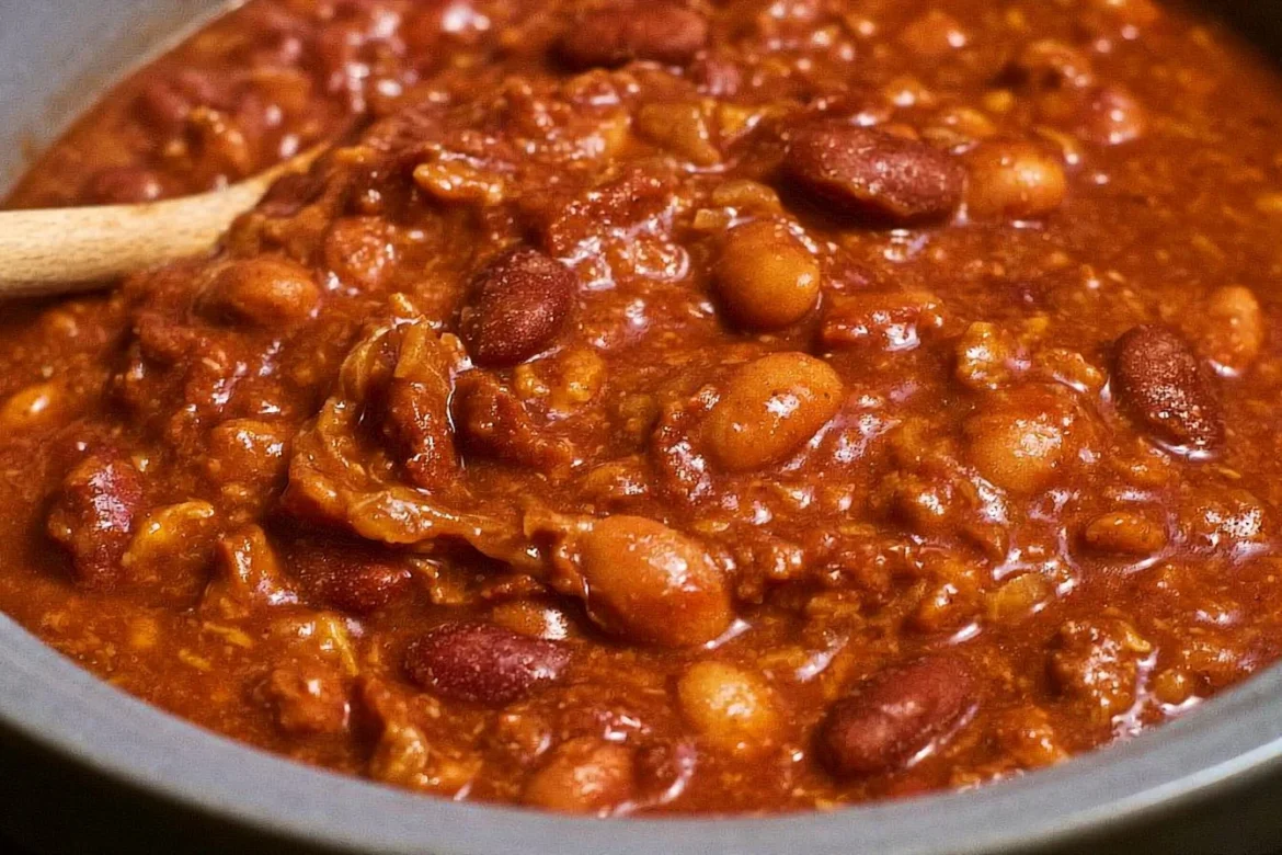 Delicious Crock Pot Cowboy Beans simmering in a slow cooker with spices and beans
