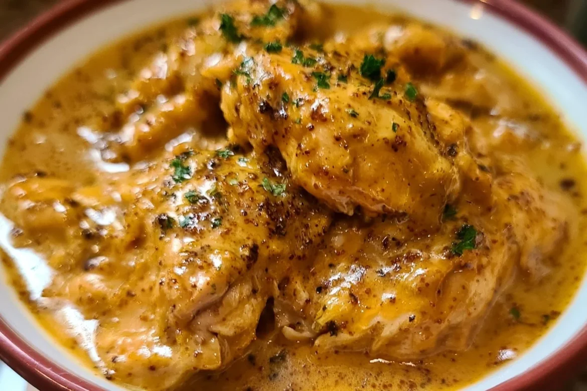 Slow cooked honey mustard chicken in a crock pot with herbs
